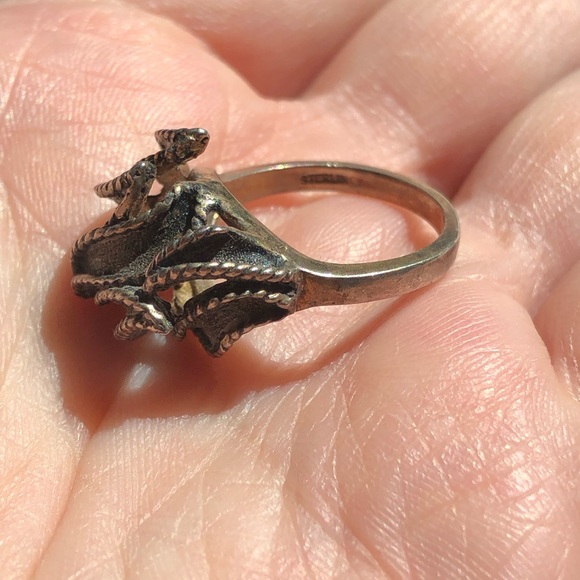 Vintage stamped sterling silver freeform oxidized leaf ribbon ring size 6.25 - Picture 7 of 12